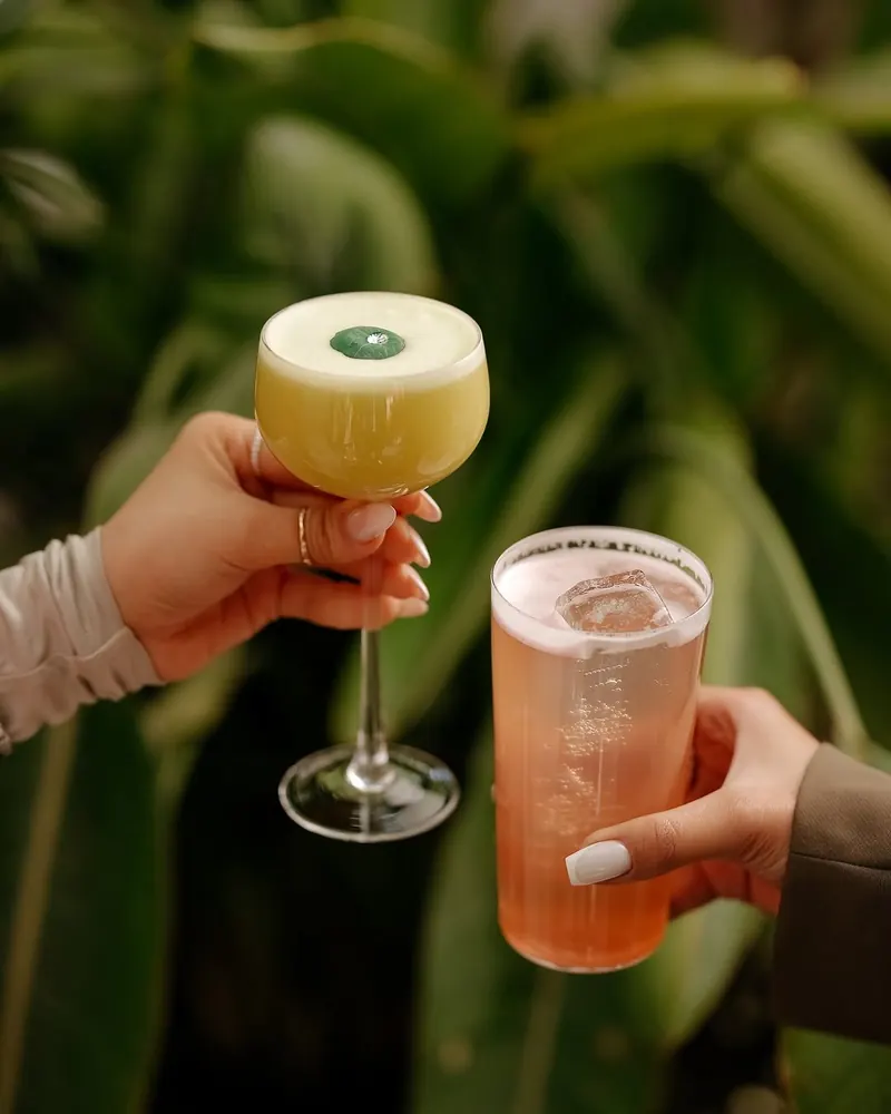 Two cocktails raised among jungle plants